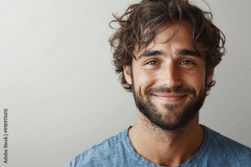 Fototapeta premium Smiling friendly cartoon character adult man male person portrait wearing blue shirt in 3d style design on light background. Human people feelings expression concept