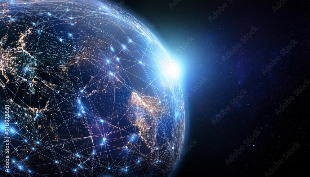 Planet with glowing neural connections in dark space. digital illustration depicting global network connection. Generated image Planet with glowing neural connections in dark space. digital illustration depicting global network connection. Generated image