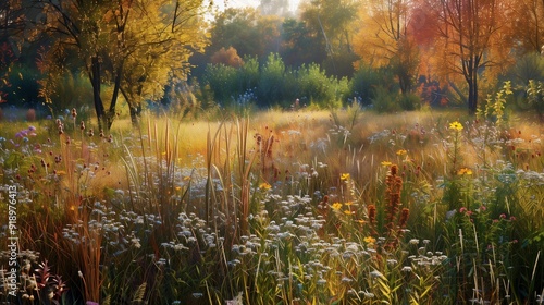 A peaceful meadow with a mix of tall grasses and wildflowers in autumn hues, set against a backdrop of colorful trees.