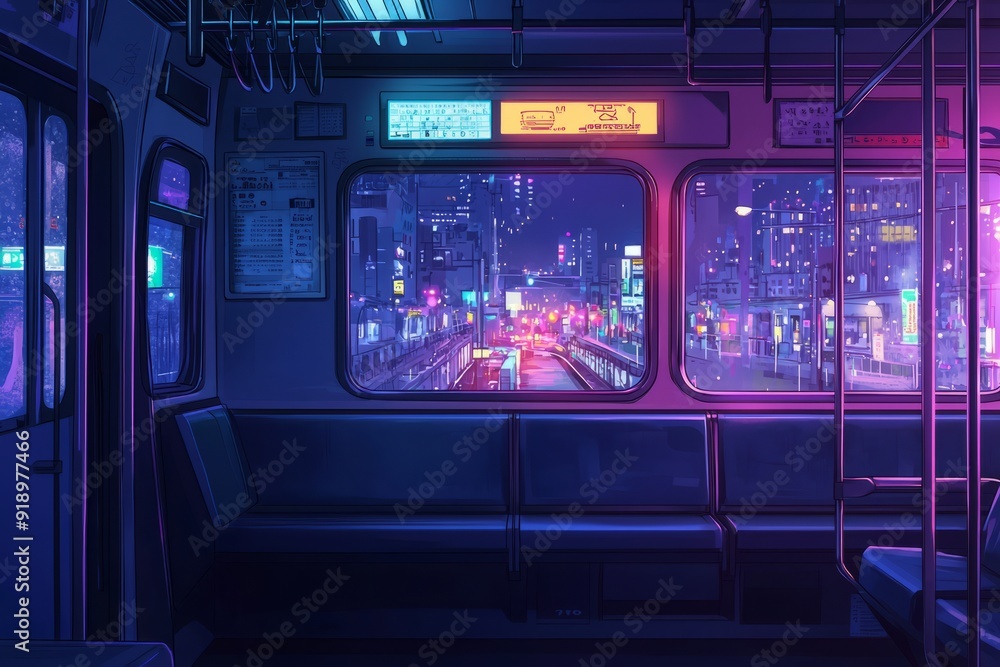 Obraz premium A comfortable train with a window seat view of the city lights The scene is peaceful and cozy vibe, Generative AI