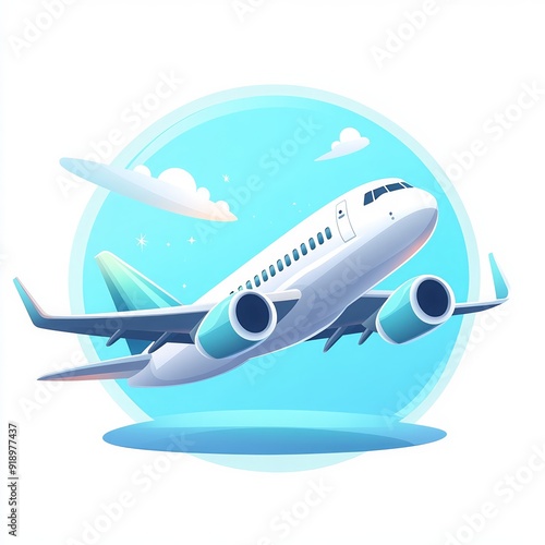 Wallpaper Mural Illustration of a modern airplane soaring through the clouds with a blue sky background, representing travel and aviation. Torontodigital.ca