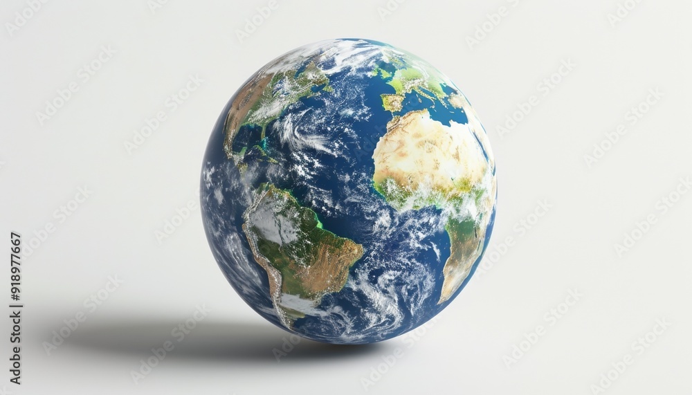 Fototapeta premium Detailed Earth Globe with Continents, Oceans, and Cloud Formations, White Background, Copy Space