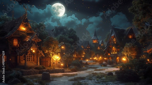 A peaceful village under the full moon, with warm lights glowing from the houses and streets.