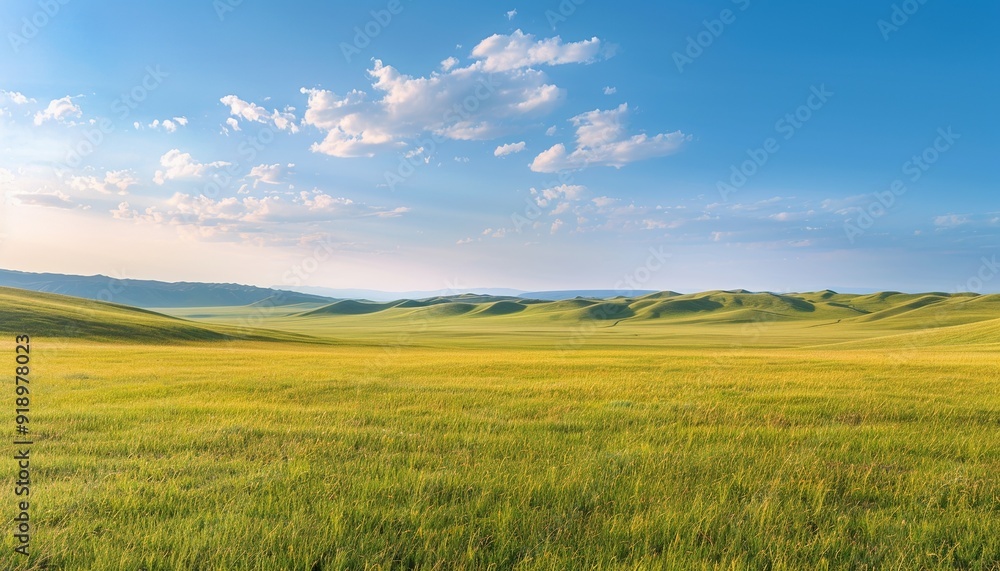 Vast Golden Grassland Stretching Towards Rolling Green Hills Under Blue Sky, Kazakhstan, Copy Space Vast Golden Grassland Stretching Towards Rolling Green Hills Under Blue Sky, Kazakhstan, Copy Space