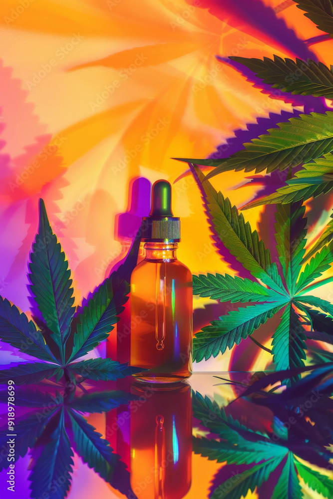 Luxury CBD oil dropper bottle, green cannabis leaves on vibrant reflective surface on orange purple background. Premium quality CBD or essential oil products concept Luxury CBD oil dropper bottle, green cannabis leaves on vibrant reflective surface on orange purple background. Premium quality CBD or essential oil products concept