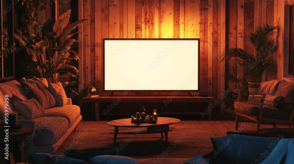 Cozy Living Room with Blank TV Screen and Warm Lighting Cozy Living Room with Blank TV Screen and Warm Lighting
