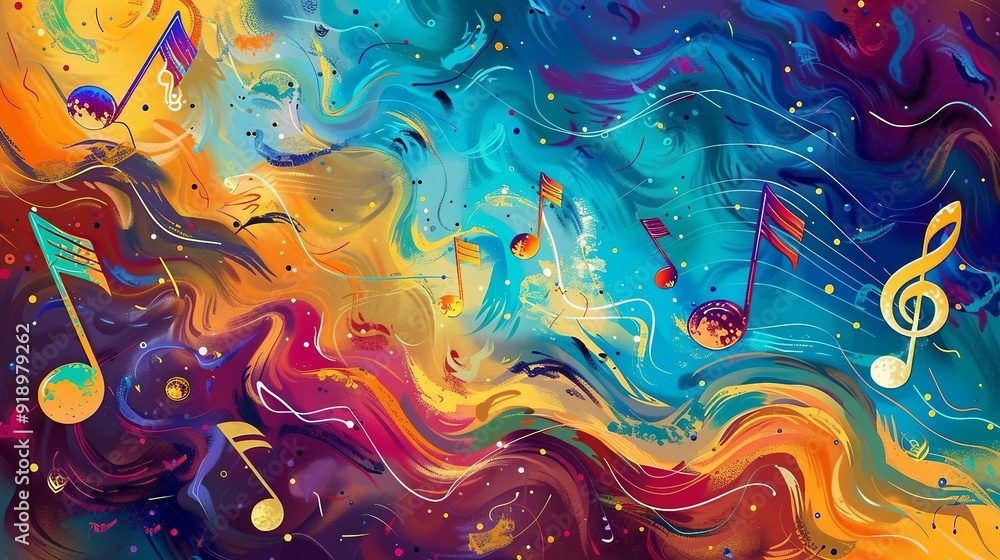 Whimsical Music Notes and Clefs in a Dynamic, Multicolored Abstract Scene. Generative AI Whimsical Music Notes and Clefs in a Dynamic, Multicolored Abstract Scene. Generative AI