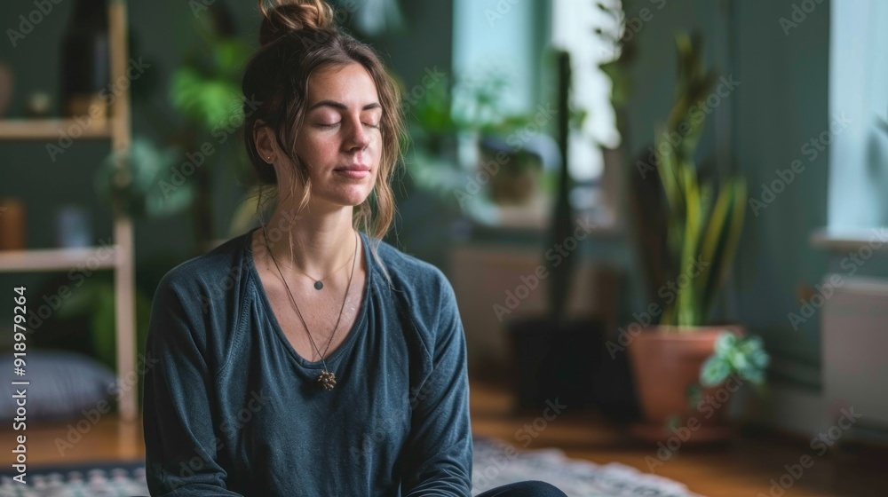 Woman Meditating in a Serene Home Setting Woman Meditating in a Serene Home Setting