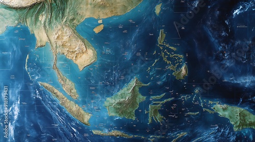 Satellite View of Southeast Asia with Detailed Topography and Coastline
