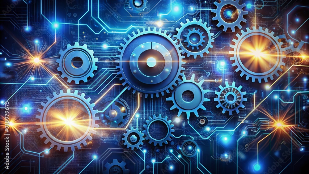 A futuristic abstract background with interconnected gears, circuits, and wires, symbolizing seamless technology integration, efficient workflows, and innovative automation systems in business. A futuristic abstract background with interconnected gears, circuits, and wires, symbolizing seamless technology integration, efficient workflows, and innovative automation systems in business.