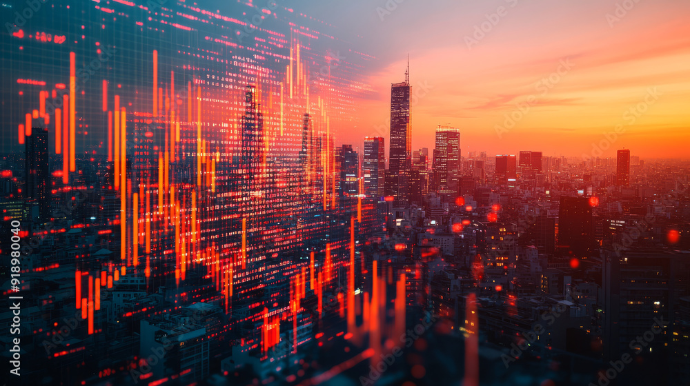 Fototapeta premium A digital image of financial data floating above a city skyline represents global business and finance in a digital age.