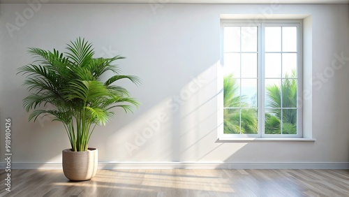 A palm tree plant surrounded by other plants in a natural and beautifully decorated room by a window, palm tree, plant