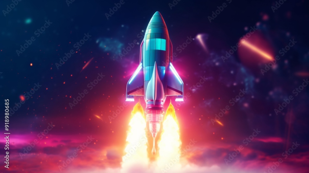 Naklejka premium A rocket is flying through space with a bright blue and white color scheme