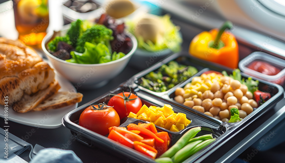 Healthy airplane meal with fresh ingredients served on a tray table, emphasizing nutritious in-flight dining options Healthy airplane meal with fresh ingredients served on a tray table, emphasizing nutritious in-flight dining options