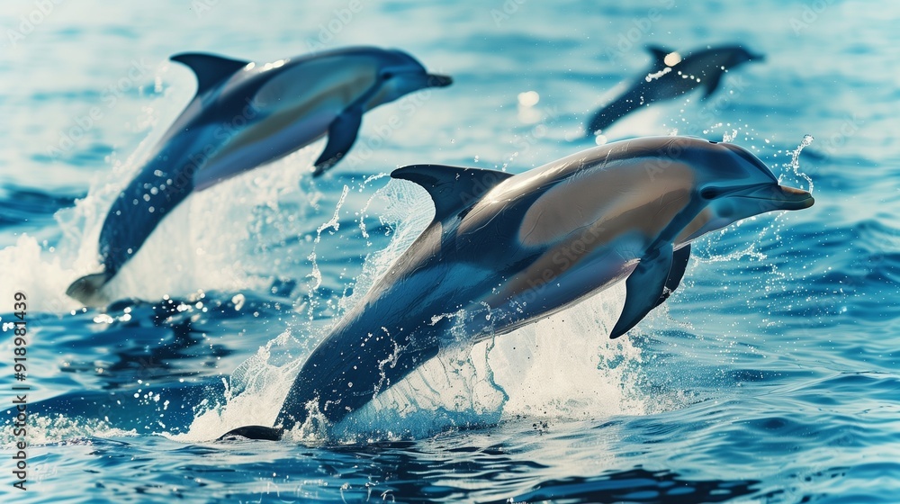 Fototapeta premium A playful group of dolphins leaping out of the crystal-clear ocean water, creating splashes and waves