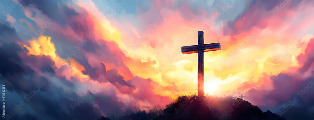 Christian easter. Conceptual religious symbol on a colorful sky at sunset. Christian easter. Conceptual religious symbol on a colorful sky at sunset.