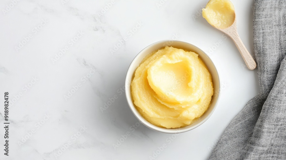 Baby puree in a bowl with a small toy, ample room for branding Baby puree in a bowl with a small toy, ample room for branding