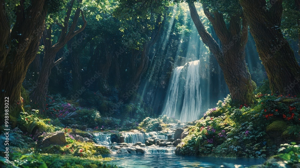 A Waterfall Cascading Through A Lush Forest A Waterfall Cascading Through A Lush Forest