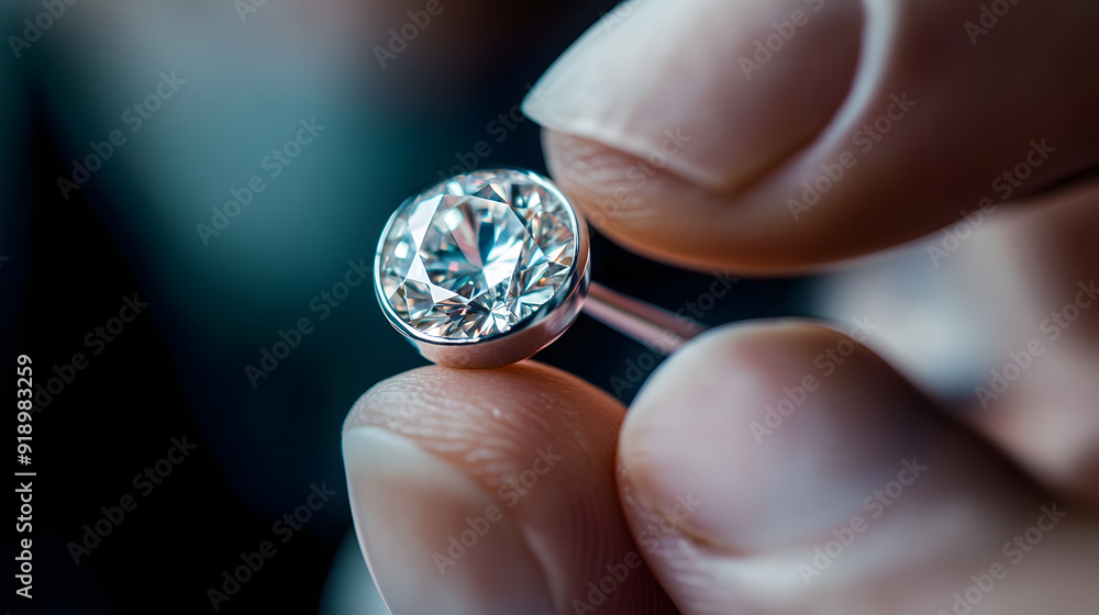 A jeweler examines a diamond ring with a magnifying glass. A jeweler examines a diamond ring with a magnifying glass.