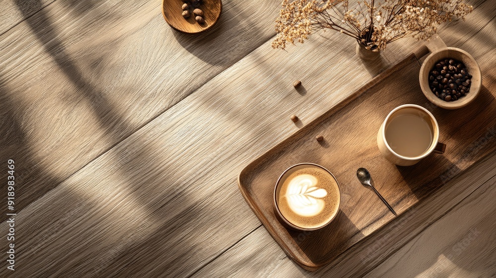 Top view of a latte with art on a wooden table, space for branding Top view of a latte with art on a wooden table, space for branding