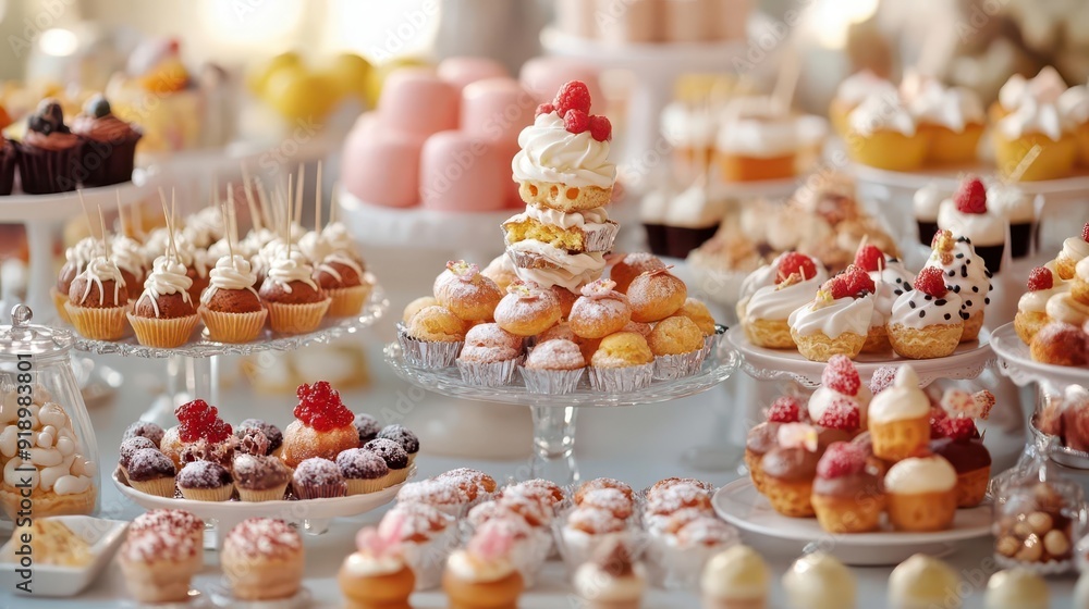 Captivating dessert table adorned with an assortment of miniature pastries and sweets, sweet extravaganza, dessert buffet, indulgent treats, sugary wonderland, celebration, Captivating dessert table adorned with an assortment of miniature pastries and sweets, sweet extravaganza, dessert buffet, indulgent treats, sugary wonderland, celebration,
