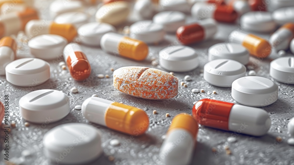 Multicolored capsules and tablets scattered on a surface in a soft light Multicolored capsules and tablets scattered on a surface in a soft light