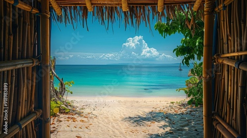 Wallpaper Mural A beachside hut door made of bamboo, opening to a view of the ocean and sandy shores Torontodigital.ca