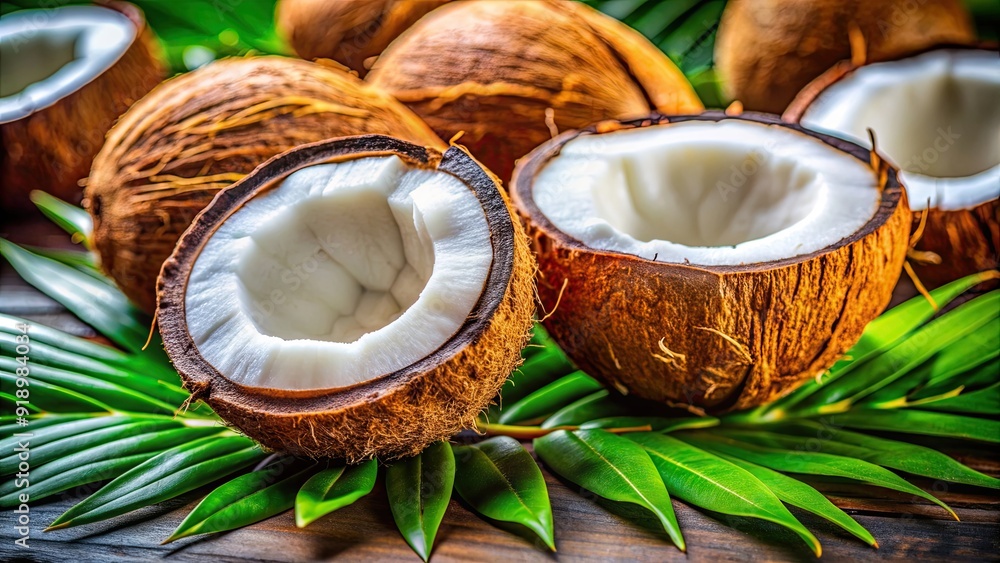 Close-up of vibrant and tasty coconuts sliced and displayed beautifully, coconuts, tropical, exotic, fruit, delicious, fresh Close-up of vibrant and tasty coconuts sliced and displayed beautifully, coconuts, tropical, exotic, fruit, delicious, fresh