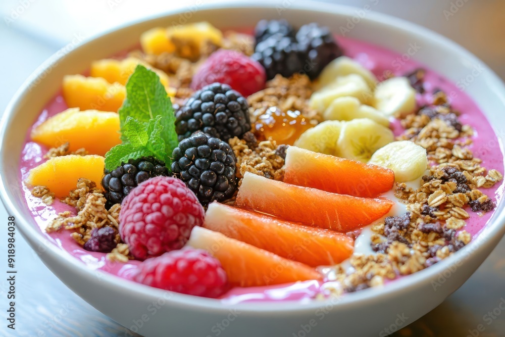 Colorful smoothie bowl topped with fresh fruits, granola, and a drizzle of honey, nutritious indulgence, vibrant flavors, breakfast delight, fruity goodness, healthy start, Colorful smoothie bowl topped with fresh fruits, granola, and a drizzle of honey, nutritious indulgence, vibrant flavors, breakfast delight, fruity goodness, healthy start,
