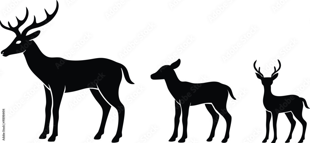 Fototapeta premium Black Deer Family and Calf Silhouettes