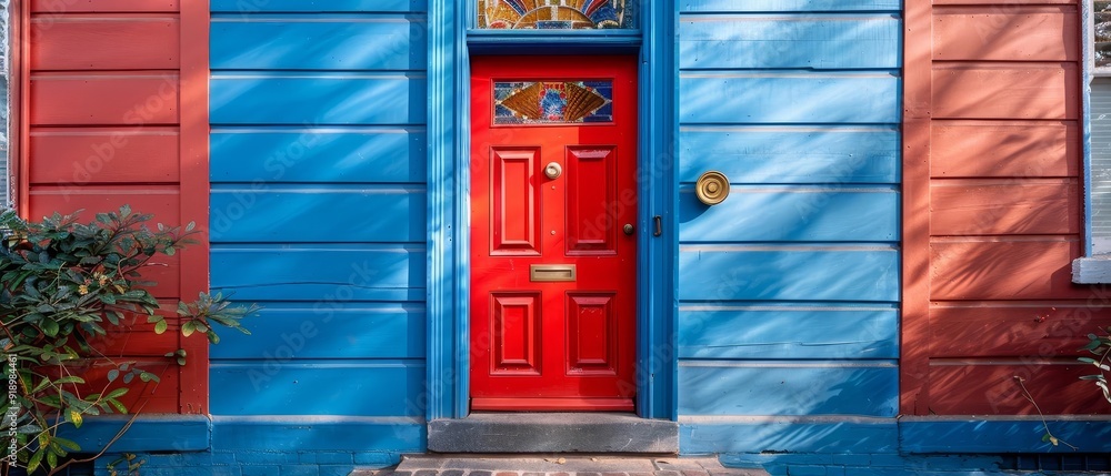 Obraz premium A colorful front door of a Victorian-era house, featuring intricate stained glass and a brass doorbell