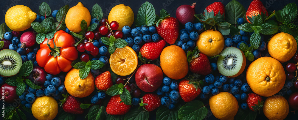 Berries And Fruits Lying On The Table. Illustration On The Topic Of Nutrition And Vitamins, Fruits And Health. Generative AI Berries And Fruits Lying On The Table. Illustration On The Topic Of Nutrition And Vitamins, Fruits And Health. Generative AI