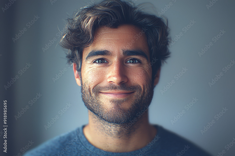 Fototapeta premium Smiling friendly cartoon character adult man male person portrait wearing blue shirt in 3d style design on light background. Human people feelings expression concept