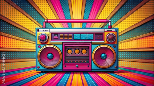 Vibrant pop art boombox on background , pop art, boombox, retro, music player, colorful, vintage, graphic design, 80s,vibrant