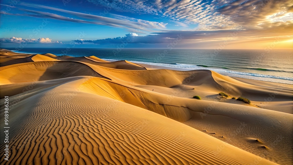 Naklejka premium Sand dunes in a desert meeting the sea, sand, dunes, desert, beach, sea, landscape, nature, arid, dry, hot, serene, tranquil
