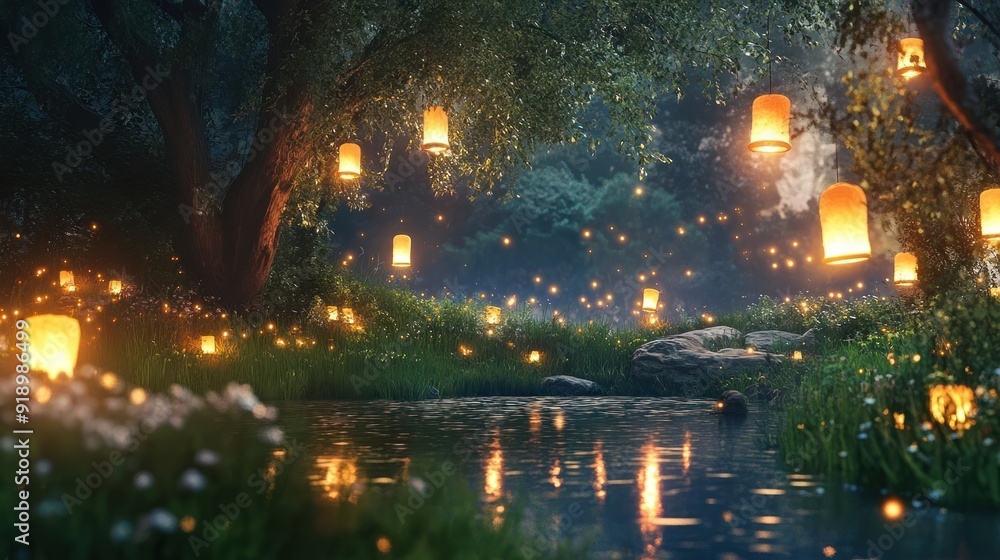 Enchanting Forest River with Glowing Lanterns and Fireflies Enchanting Forest River with Glowing Lanterns and Fireflies