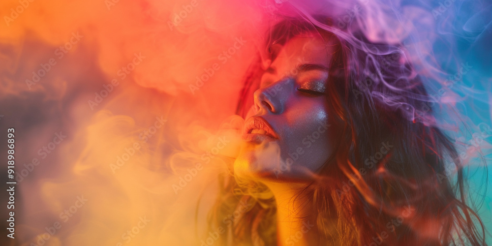 Fototapeta premium Beautiful woman surrounded by multicolored smoke, bright colors, multicolored fog, close-up, smoke effects, aromatherapy or hookah concept