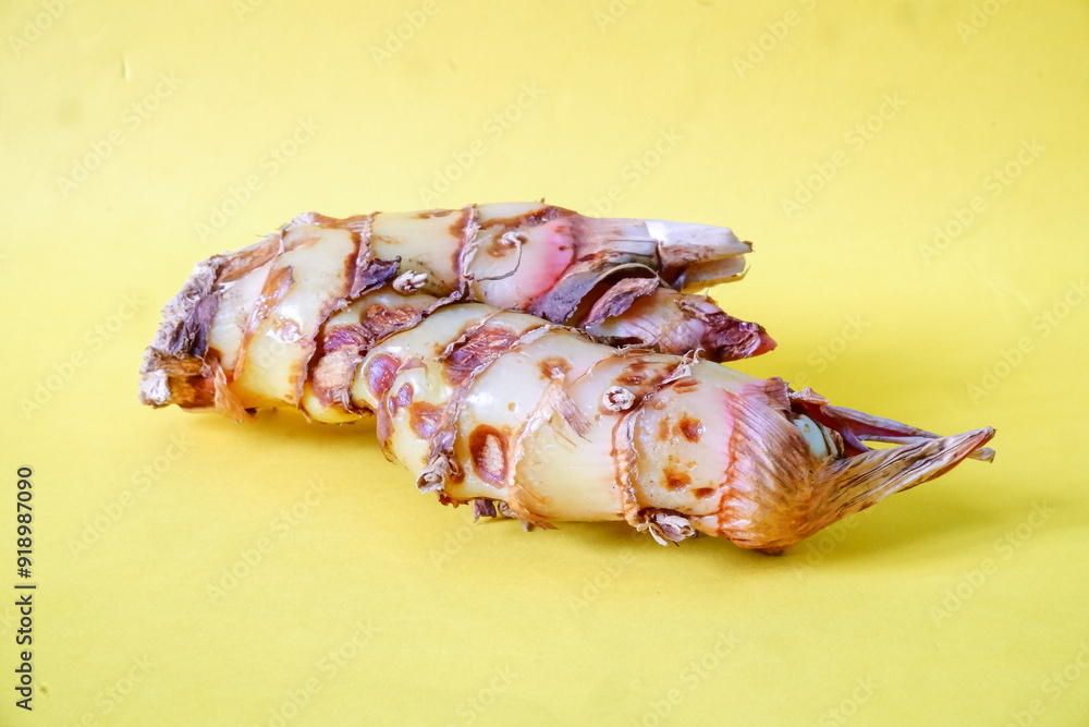 Lengkuas or known as galangal rhizomes isolated on yellow background Lengkuas or known as galangal rhizomes isolated on yellow background