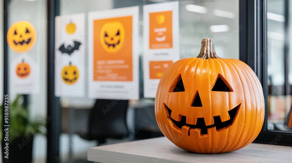 Office window display featuring Halloween decorations and promotional posters for seasonal offers Office window display featuring Halloween decorations and promotional posters for seasonal offers