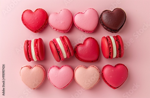 A flat lay of heart-shaped macarons in various shades AI Image photo