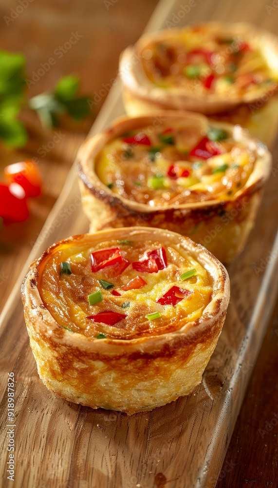 Three Delicious Mini Quiches with Red Peppers and Green Onions, Served on a Rustic Wooden Board Three Delicious Mini Quiches with Red Peppers and Green Onions, Served on a Rustic Wooden Board