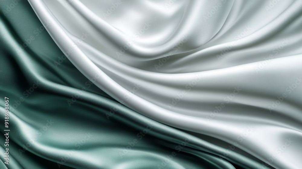 Obraz premium Sage green, grey, and white silk satin with a color gradient. This luxury elegant abstract background features light and dark shades with a matte and shimmer finish. The fabric is shown in folds