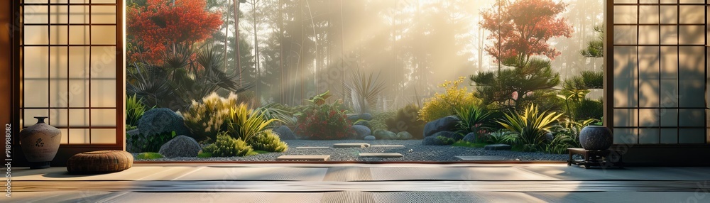 Obraz premium A traditional Japanese sliding door with shoji paper panels, set within a serene Zen garden