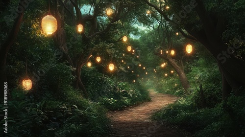 A Winding Path Through a Forest Lit by Hanging Lanterns