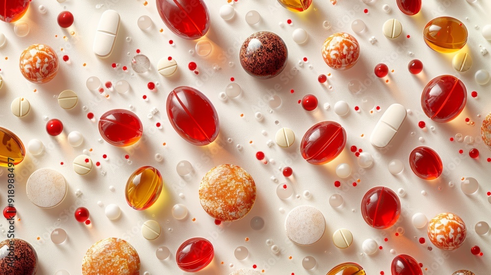 Assorted vitamins and dietary supplements scattered on a white surface Assorted vitamins and dietary supplements scattered on a white surface