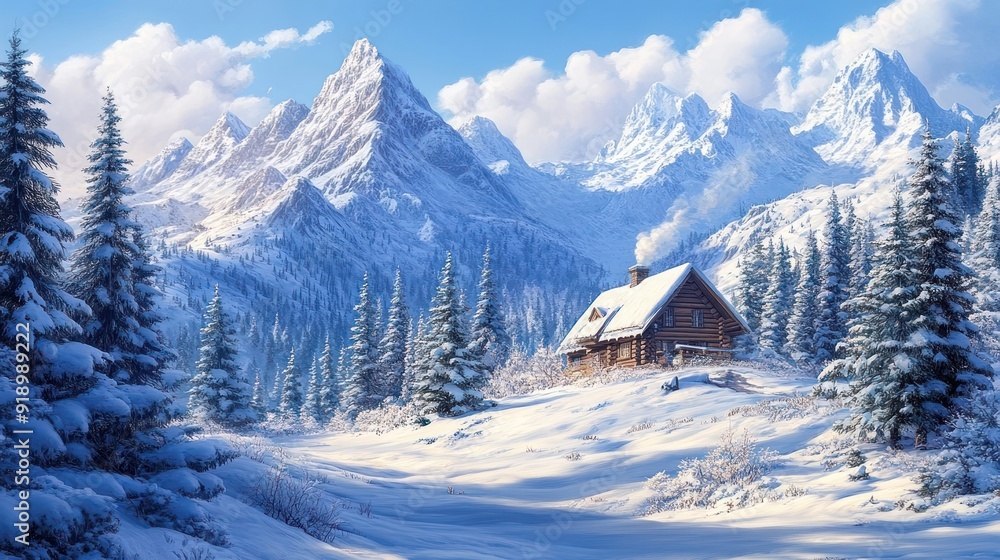 Fototapeta premium Snowy Mountain Cabin with Evergreens and a Clear Blue Sky