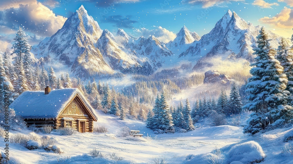 A Snowy Cabin Nestled Among Majestic Mountains A Snowy Cabin Nestled Among Majestic Mountains