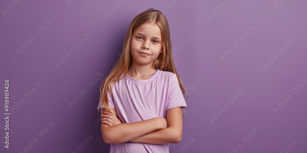 Fototapeta premium A young girl stands with her arms crossed, looking confident and independent