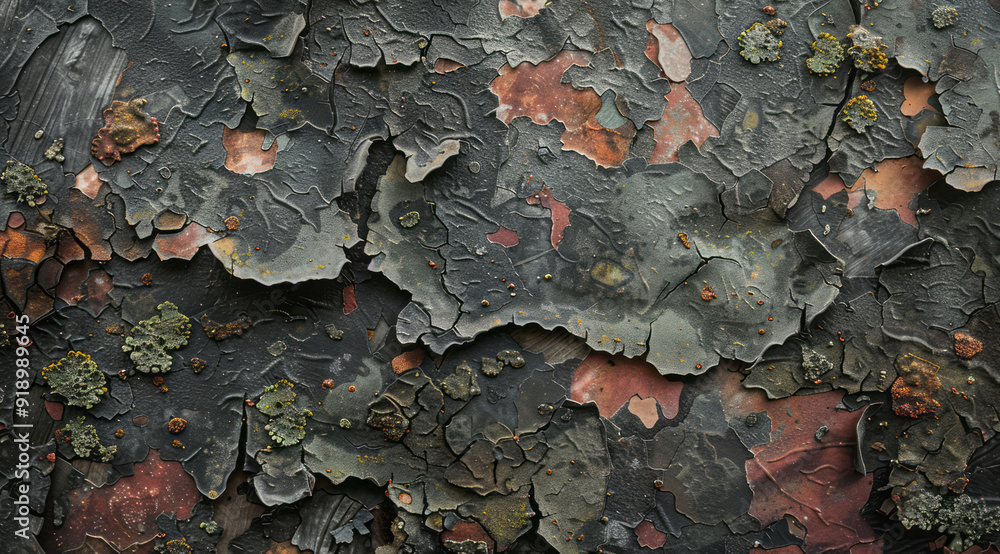 Obraz premium A brown pattern on tree bark contrasts with dark gray and crimson tones, offering a panoramic view with dark gray and green elements.