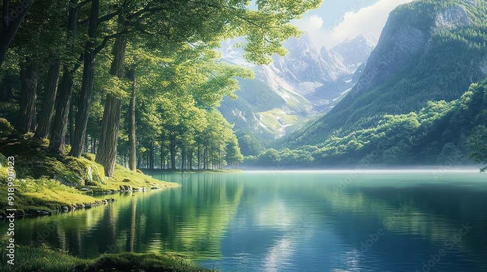 Naklejka premium Tranquil Lake Surrounded by Lush Forest and Majestic Mountains